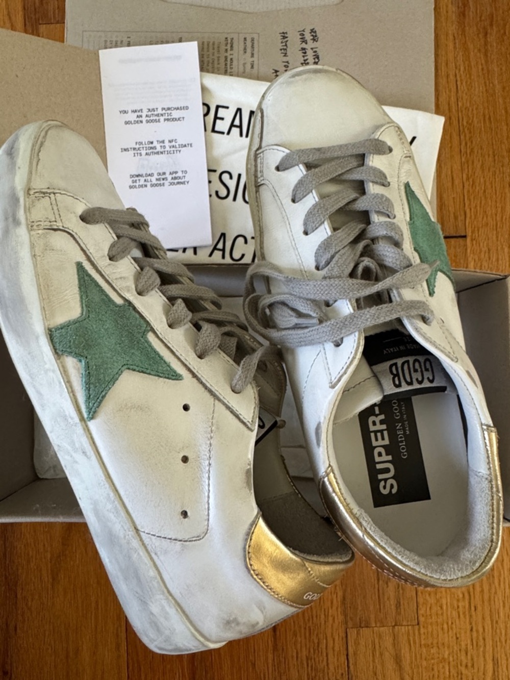 Golden Goose White Leather Sneakers with Green Star and Gold Heel